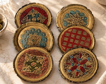 Vintage Florentine Coaster Set of 6 , Italian Ornate Gilt Decorative Drink Coasters , Home Barware Decor , Unique Housewarming Gift