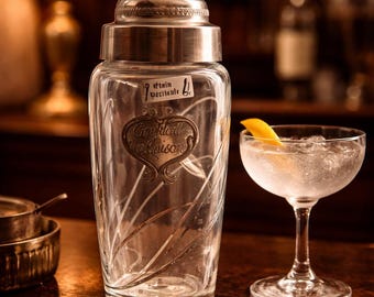 Vintage Franse glazen cocktailshaker met tinnen deksel bardecor uit de jaren 70, vintage bargerei cadeau voor bruiloft
