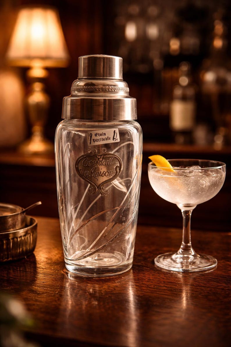 May include: A vintage cocktail shaker with a silver lid and a clear glass body, featuring an etched design and the words "Cocktail Maison." A cocktail glass with ice and a lemon peel sits nearby. The scene is set on a wooden bar.