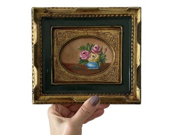 Vintage Pink Roses Miniature Oil Painting Framed , Romantic Floral Wall Art in Ornate Gilt Frame , Romantic French Cottage Decor