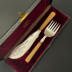 Könnte beinhalten: Ein silbernes Messer- und Gabelset mit verzierten Blumenmustern, mit Knochengriffen, in einer mit rotem Samt ausgekleideten Schachtel.