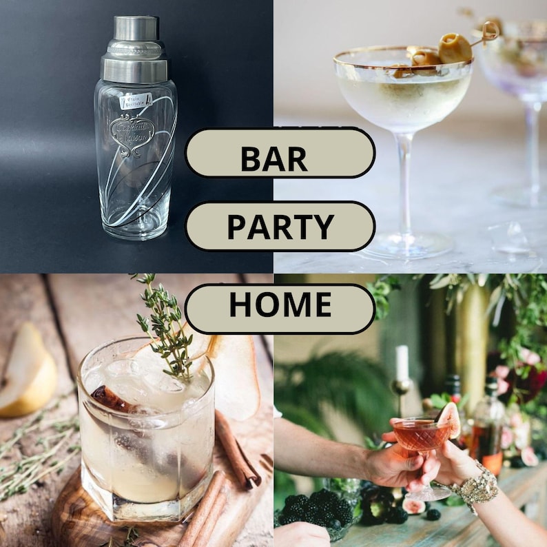 May include: A stainless steel cocktail shaker with a glass body, next to a martini with olives, a cocktail with ice and herbs, and a person holding a cocktail. The image includes the words "BAR", "PARTY", and "HOME".