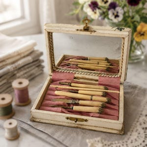 May include: A rectangular white wooden sewing tool box with a hinged lid featuring a mirror. The interior is lined with pink fabric and contains five assorted metal sewing implements with cream-coloured handles and ornate brass-toned metal caps.