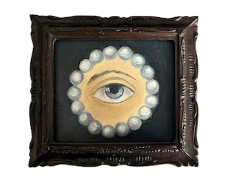 Original Pearl Lover's Eye Oil Painting in Antique Gothic Wooden Frame , Victorian Inspired Wall Art , Dark Academia Romantic Eye Portrait