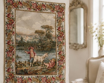 Vintage French Tapestry Pastoral Scene with Rococo Floral Border , French Romantic Country Wall Decor  Cottagecore Textile Art