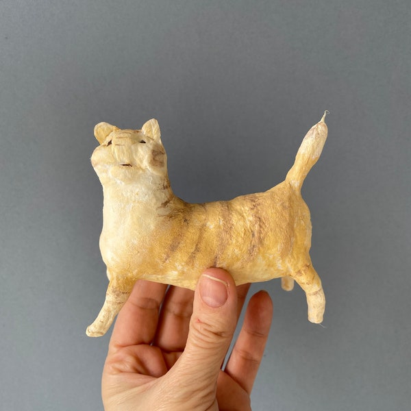 Spun Cotton Ginger and White Tabby Cat Figurine , Handmade Ginger Striped Cat , Spun Cotton Collectible Cat Figure Cat lover gift