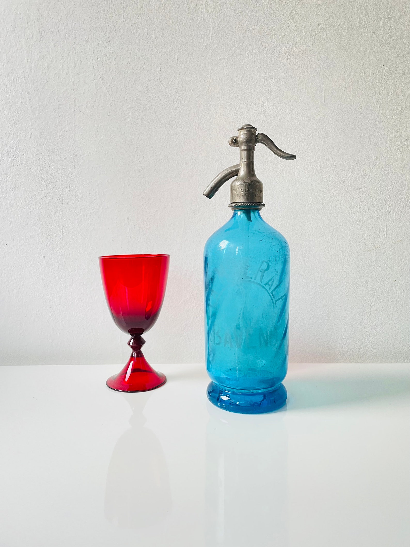 Antique Italian Seltzer Bottle Blue Soda Siphon , Art Deco Green Glass