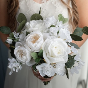White and Ivory Wedding Bouquet | Rustic Bridal Bouquet | Silk Flower Bouquet | Rose, Peony and Eucalyptus
