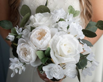 White and Ivory Wedding Bouquet | Rustic Bridal Bouquet | Silk Flower Bouquet | Rose, Peony and Eucalyptus