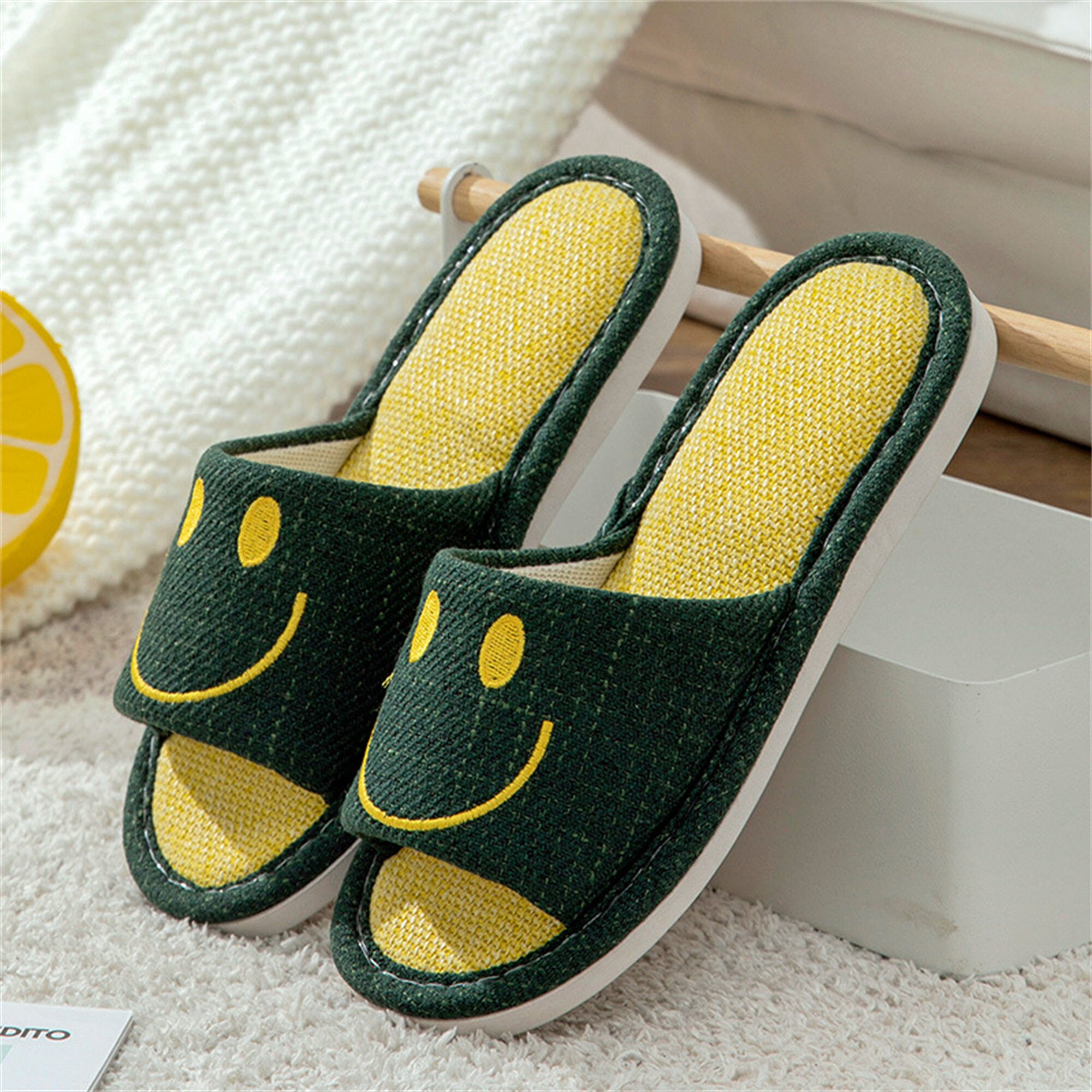 Smiley Linen Slippers Kawaii Indoor Linen Slippers Lovers | Etsy