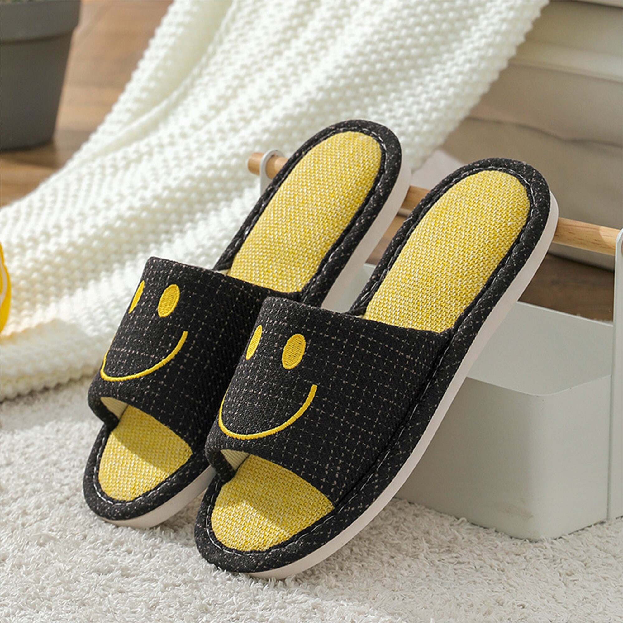 Smiley Linen Slippers Kawaii Indoor Linen Slippers Lovers | Etsy