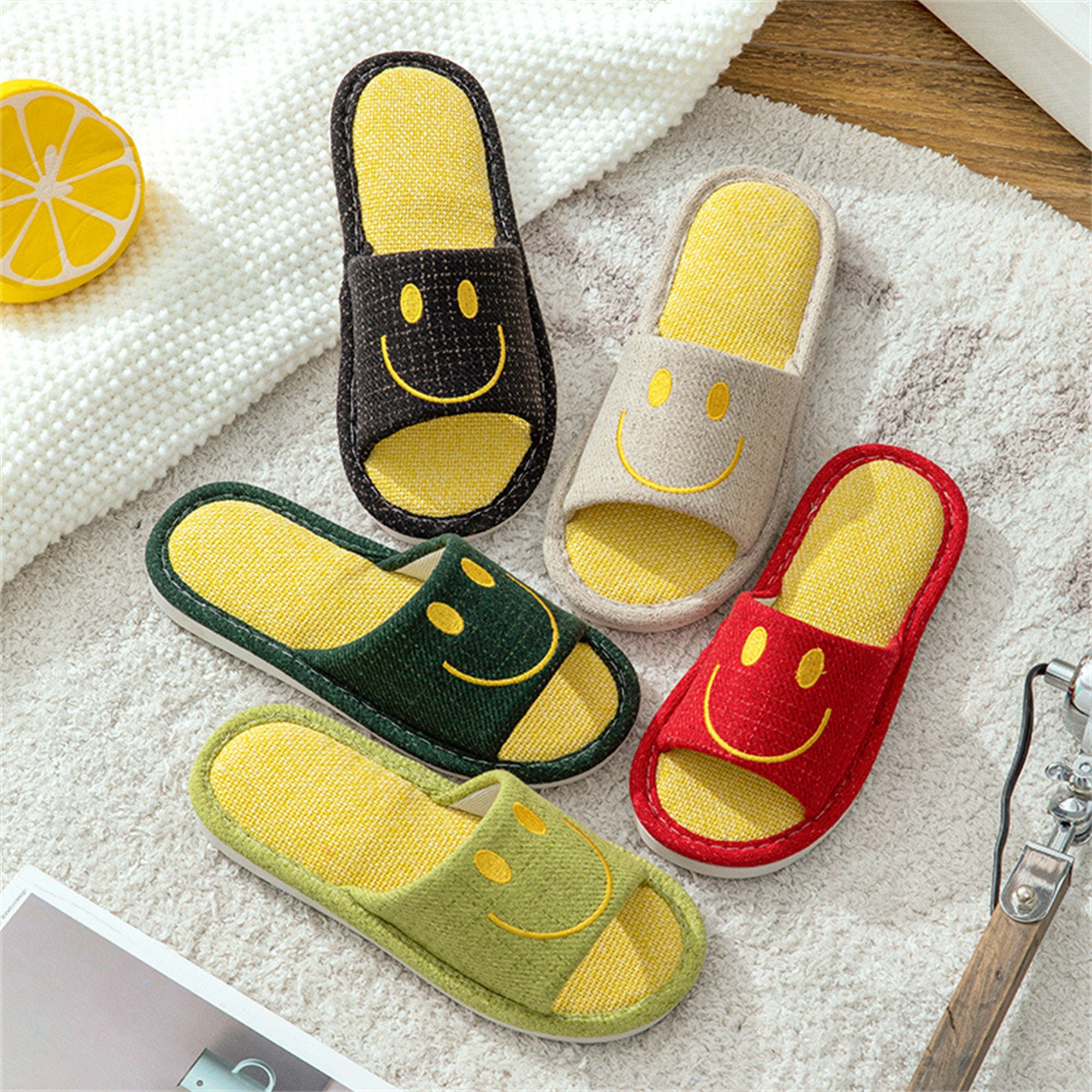 Smiley Linen Slippers Kawaii Indoor Linen Slippers Lovers | Etsy