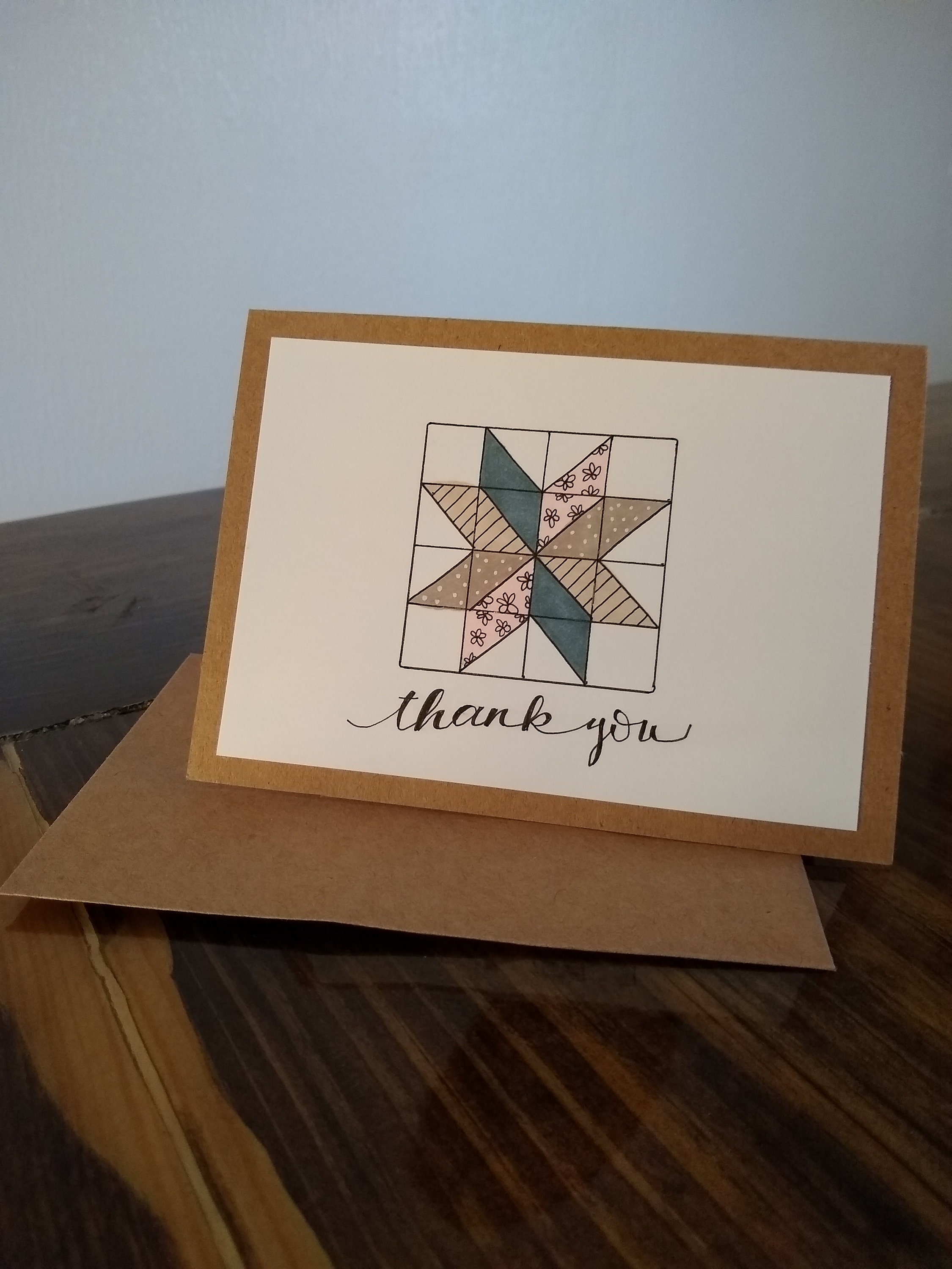 Handmade Illustrated Quilt Block Thank You Single Card with Etsy