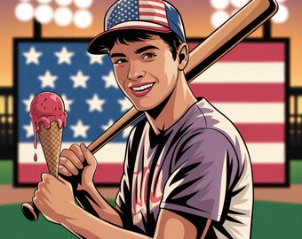 Baseball Drip Bat Boys Ice Cream Png, Baseball Drip Bat Png, Boys Dripping Ice Cream American Flag, Ice Cream American Flag 4th Of July Png