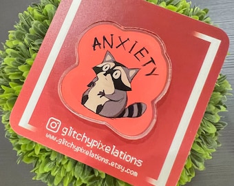 B Grade Anxiety Raccoon Acrylic Pin | Trash Panda Acrylic Pin | Funny Animal Pins | Kawaii Cute Pins