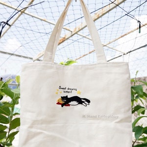 Tote Bag, Hand Embroidered Cavas Bag For Unisex, Hand Embroidery, Handmade Gift, Eco Friendly Bag, Cat Has A Nice Dream