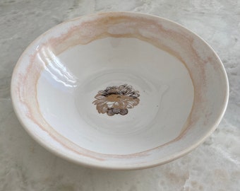 Handmade Ceramic Pottery Pasta Bowl with a gold flower in a white background