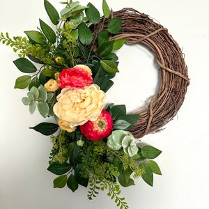 Peony Garden Wreath. Red coral yellow greenery wreath. Summer wreath for front door.