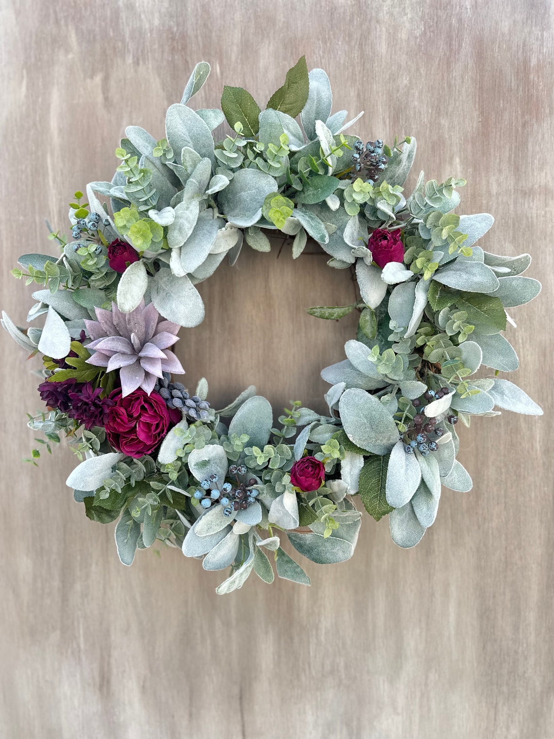 Plum Rose & Succulent Wreath. Lambs Ear Eucalyptus Wreath With Faux ...
