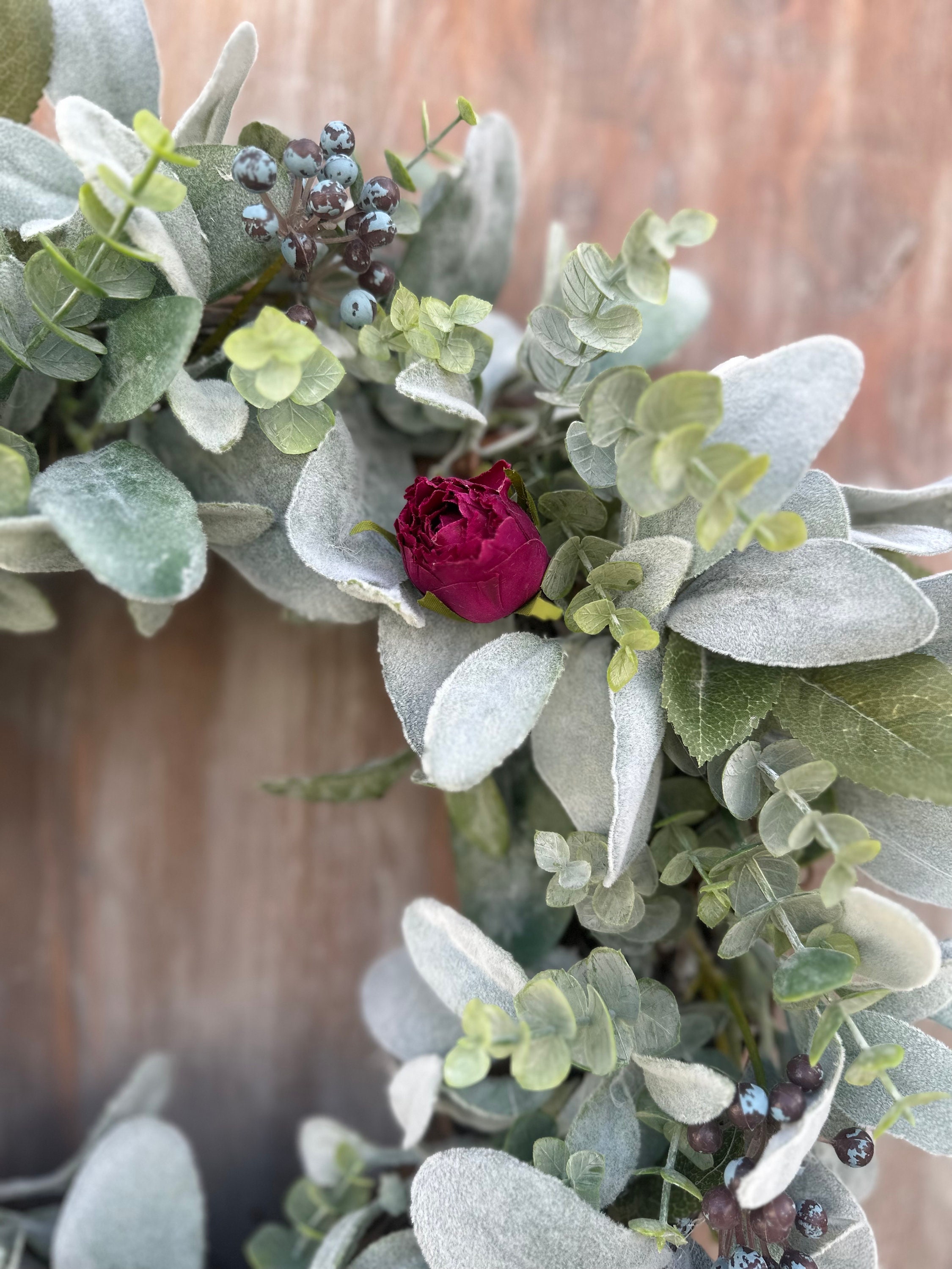 Plum Rose & Succulent Wreath. Lambs Ear Eucalyptus Wreath With Faux ...