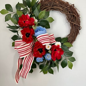 Red, White & Blue Wreath. 4th of July Wreath. Red anemone summer wreath with ribbon. USA Patriotic decor for front door