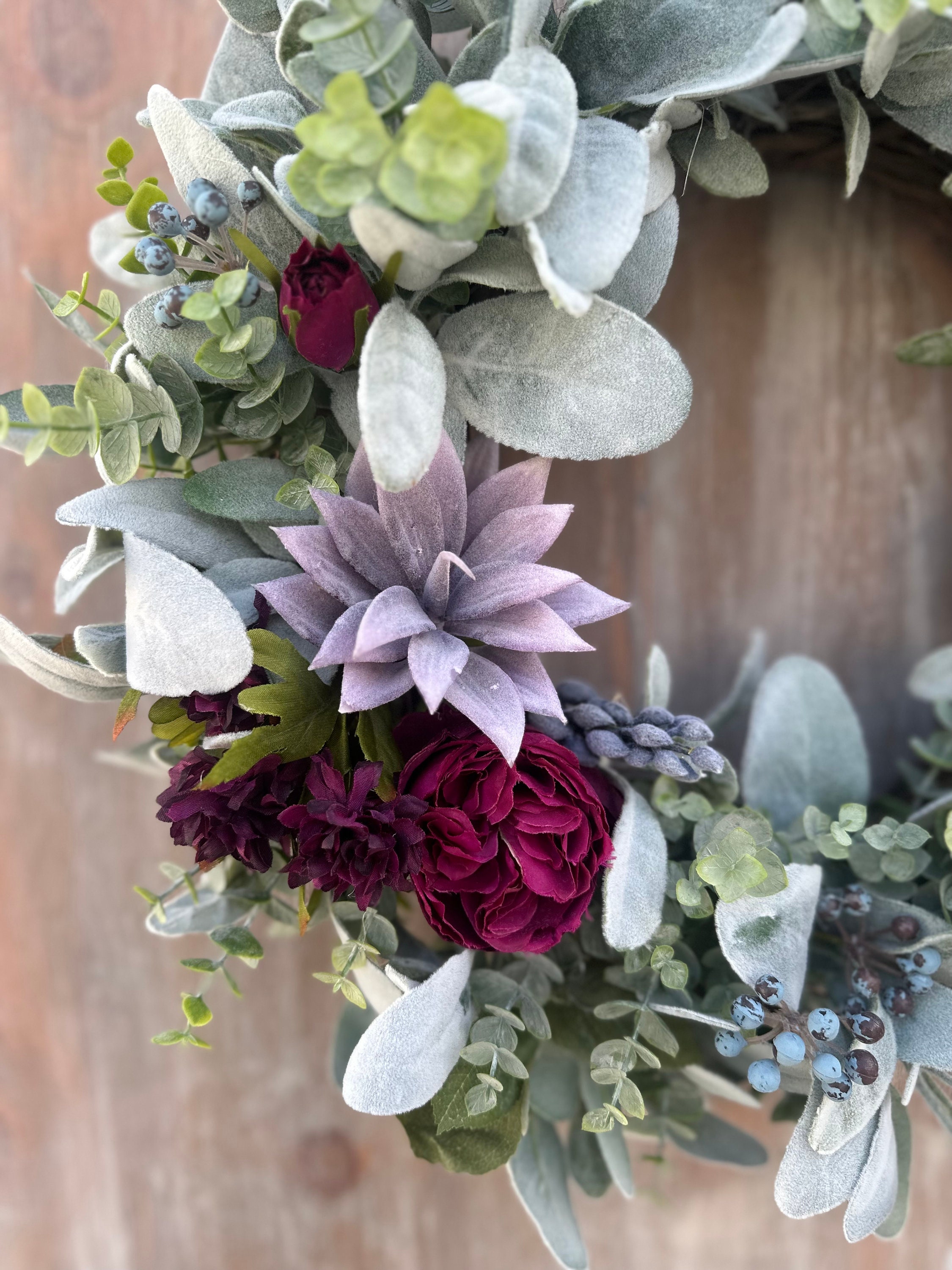 Plum Rose & Succulent Wreath. Lambs Ear Eucalyptus Wreath With Faux ...