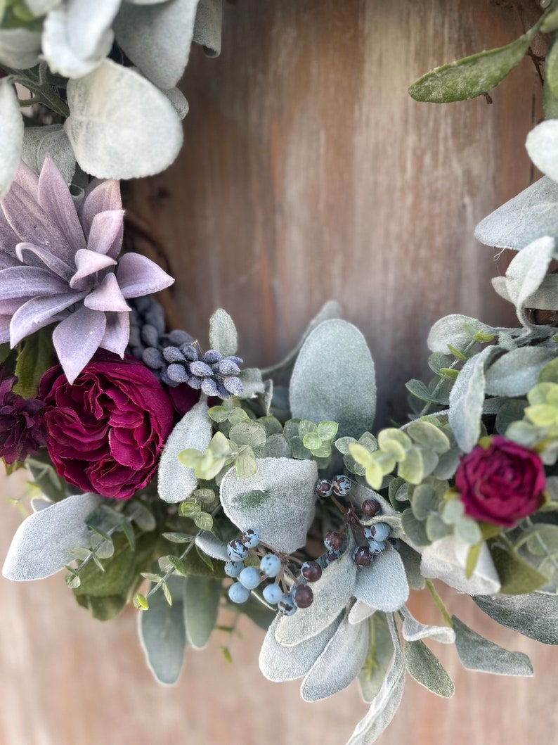 Plum Rose & Succulent Wreath. Lambs Ear Eucalyptus Wreath With Faux ...