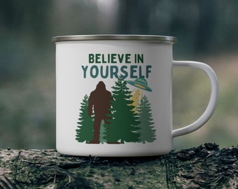 Bigfoot Alien Mug Camp Mug Gift for Outdoor Lover UFO Coffee Mug for Camper Sasquatch Gift for Hiker Cryptid Enamel Cup for Nature Lover Mug