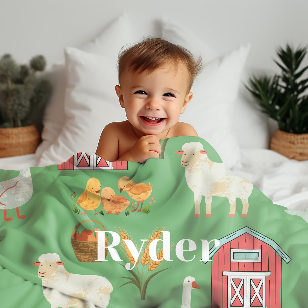 Personalized Baby Blanket, Farm Animals Toddler Blanket Green