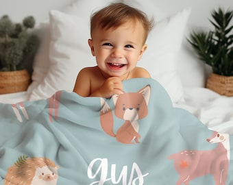 Baby Blanket Personalized Grandson Gift Woodland Animals Baby Blanket Gender Neutral Baby Shower Gift Customizable Gift for Expecting Mom