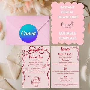 Coquette Wedding Invitation Editable Wedding Invitation Template Canva Romantic Pink Digital Download Printable DIY Wedding Invite Card