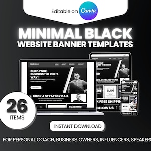 Modelos de banner de site preto faça você mesmo, miniaturas da web editáveis, modelos de design de banner preto mínimo do Shopify Wordpress, banners minimalistas