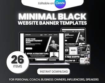 DIY Black Website Banner Templates, Editable Web Thumbnails, Minimal Black Shopify Wordpress Banner Design Templates, Minimalist Banners