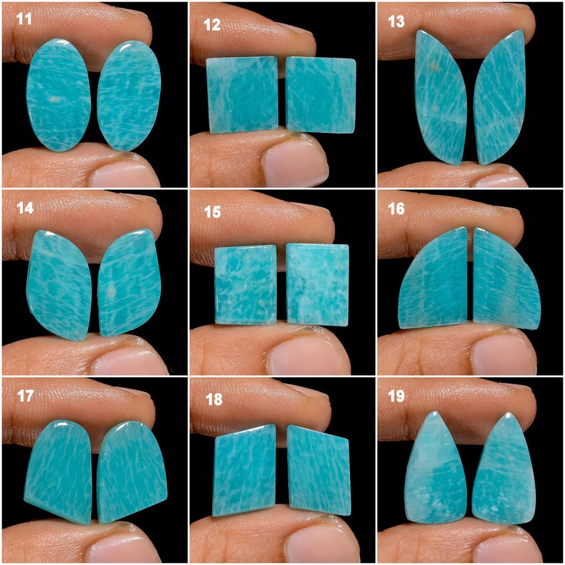 May include: Set of 19 pairs of turquoise green amazonite cabochons, each pair is a different shape and size. The cabochons are smooth and polished, with a natural, organic look.