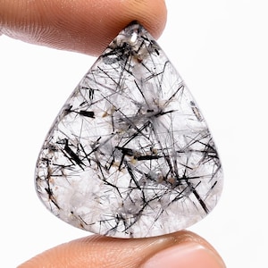Cabochão de quartzo rutilo preto natural, cristal de quartzo rutilo preto, pedra preciosa de quartzo rutilo preto, pedra de quartzo rutilo preto (igual à imagem)
