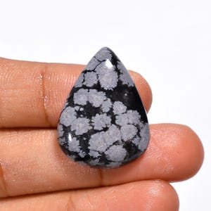 May include: A teardrop-shaped cabochon of snowflake obsidian, a black gemstone with white snowflake-like inclusions. The stone is polished and has a smooth, glossy finish.