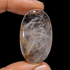 Natural Golden Rutile Quartz Cabochon Golden Rutile Crystal, 34X20X6 mm 42 Carat Oval Shape Rutile Quartz Gemstone For Making Jewelry