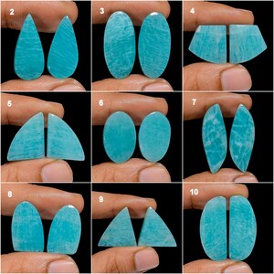 May include: Ten pairs of teal blue amazonite cabochons, each pair is cut in a different shape, including oval, teardrop, fan, and triangle shapes.