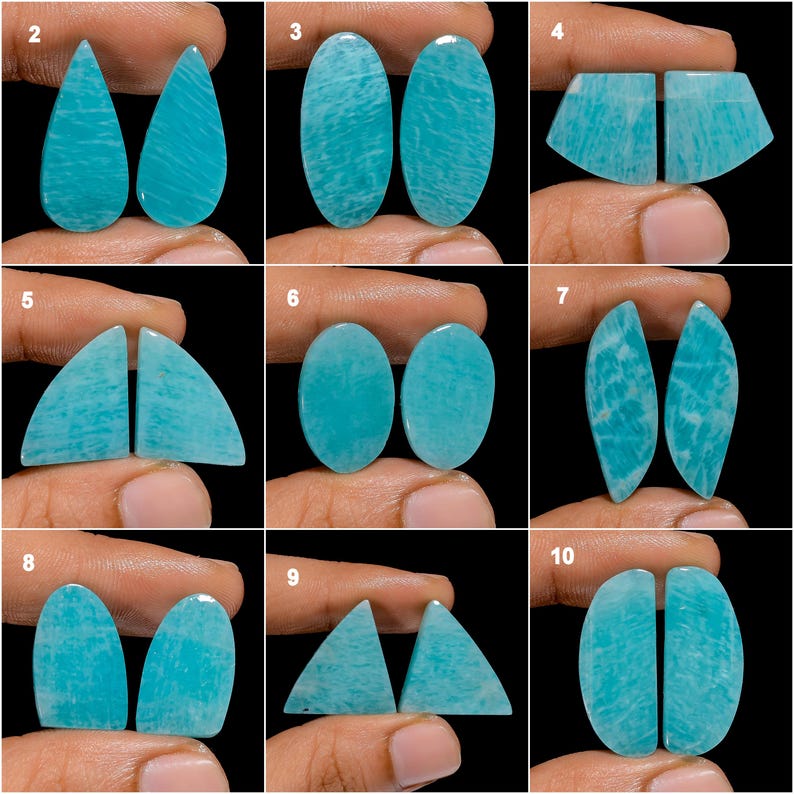 May include: Ten pairs of teal blue amazonite cabochons, each pair is cut in a different shape, including oval, teardrop, fan, and triangle shapes.
