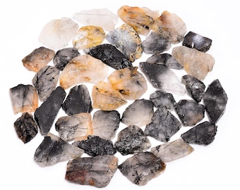 Natürliche Schwarze Rutilquarz Scheibe, Rutilquarz Rohstein, Schwarzer Rutil Slub, Roher Schwarzer Rutilquarz Rohstein, Rutilquarz Scheibe, Größe 15-25 mm