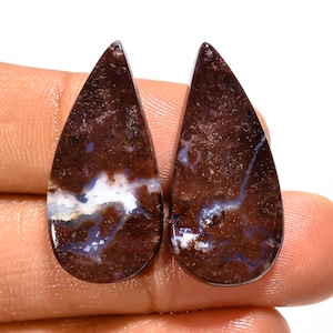 Paire de pierres précieuses en vrac cabochon en agate mousse rouge naturelle 28 x 14 x 4 mm 27 carats Paire de pierres en cristal d'agate mousse en forme de poire pour la fabrication de boucles d'oreilles