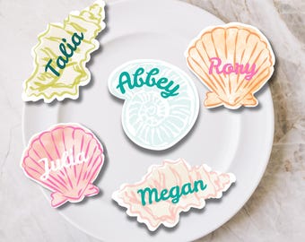 Seashells & Wedding Bells Watercolor Name Cards I Place Cards and Gift Tags | Beach Wedding Editable Canva Template | Bachelorette Download