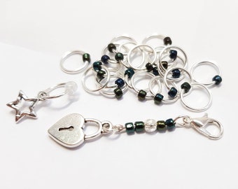 Silver Knitters Ring Stitch Markers, Glass Bead Set with Bonus Markers