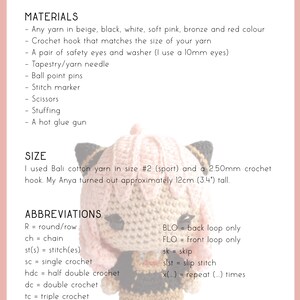 May include: Crochet pattern instructions for making a pink and beige amigurumi cat with black eyes. The pattern includes materials, abbreviations, and size information. The cat is approximately 12 cm (3.4 inches) tall.