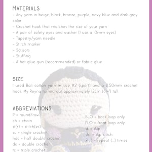 May include: Crochet pattern instructions for making a stuffed toy. The pattern includes a list of materials, abbreviations, and a size guide. The image also shows a completed stuffed toy with safety eyes and a beige, black, bronze, purple, navy blue and dark gray color scheme.