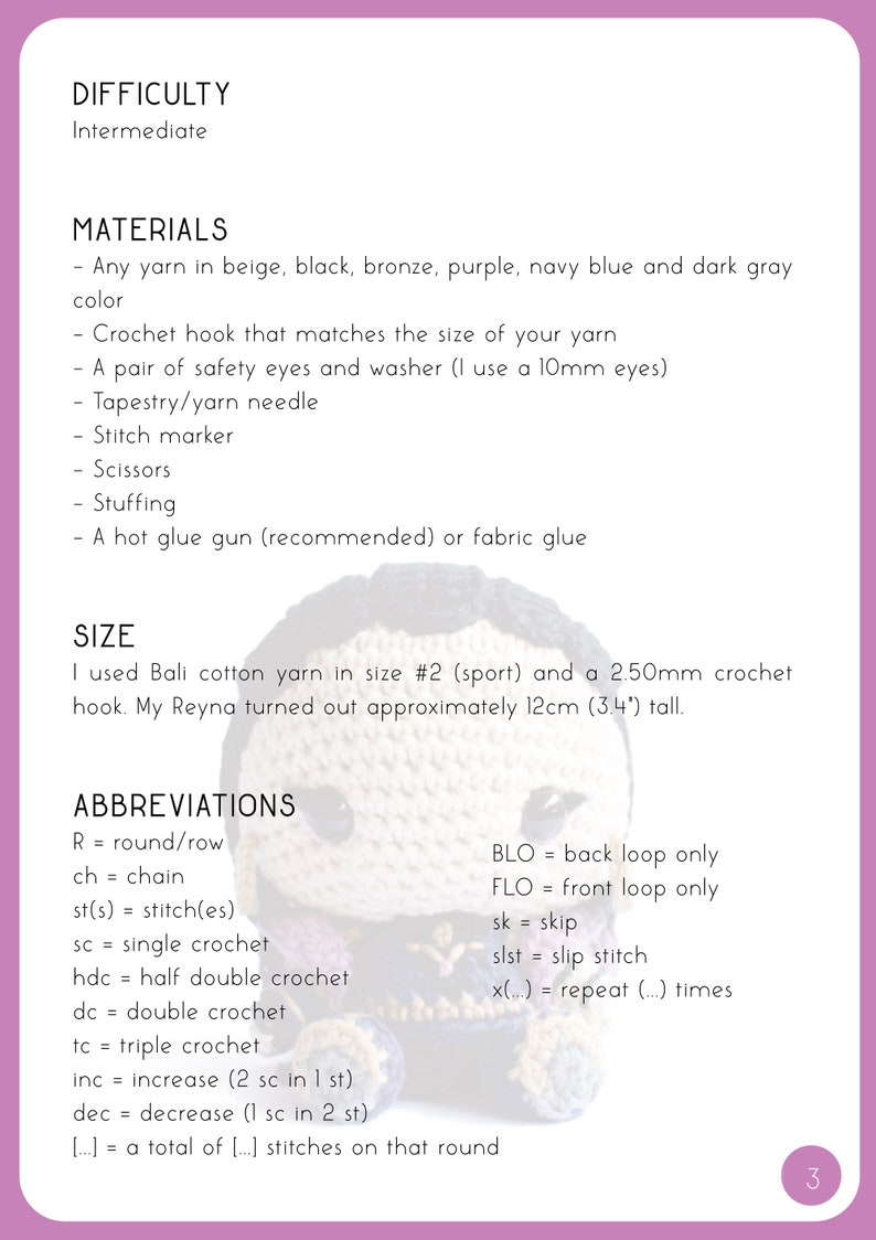 May include: Crochet pattern instructions for making a stuffed toy. The pattern includes a list of materials, abbreviations, and a size guide. The image also shows a completed stuffed toy with safety eyes and a beige, black, bronze, purple, navy blue and dark gray color scheme.