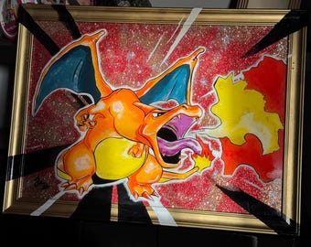Hand Painted Charizard Artwork Framed Mixed Media Piece 23” x 31”