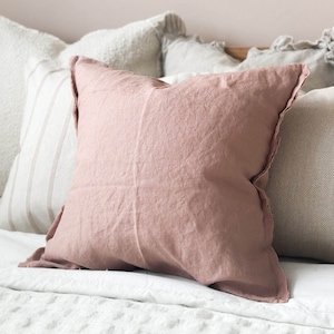 Esmee Dusty Pink Fringed Linen Cushion With Duck Feather Inner | country style | 45x45cm