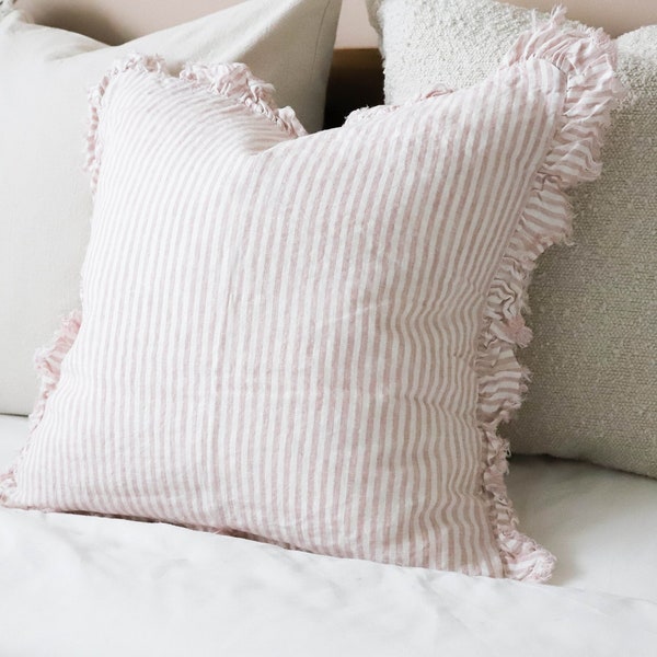 Hallie Pink & Cream Stripe Ruffle Linen Cushion With Duck Feather Inner 45x45cm