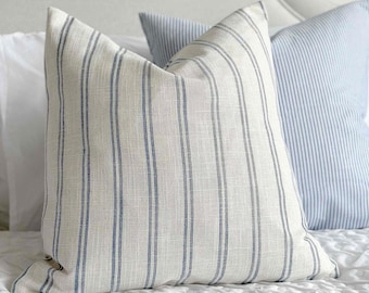 Rosie Blue & Cream Linen Cushion With Duck Feather Inner | Coastal style | 45x45cm